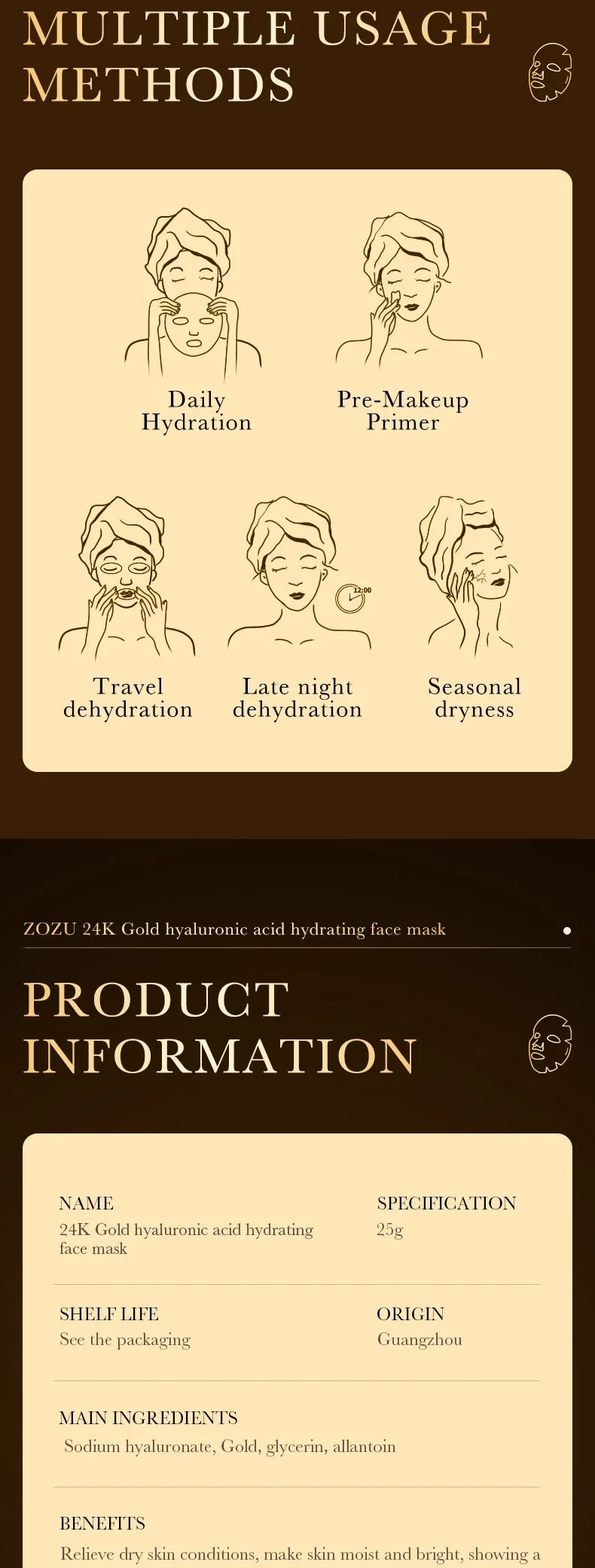 20pcs Gold Hyaluronic Acid Face Mask Facial skincare Anti Wrinkle Moisturizing Anti-Aging Facial Masks Face Skin Care Products