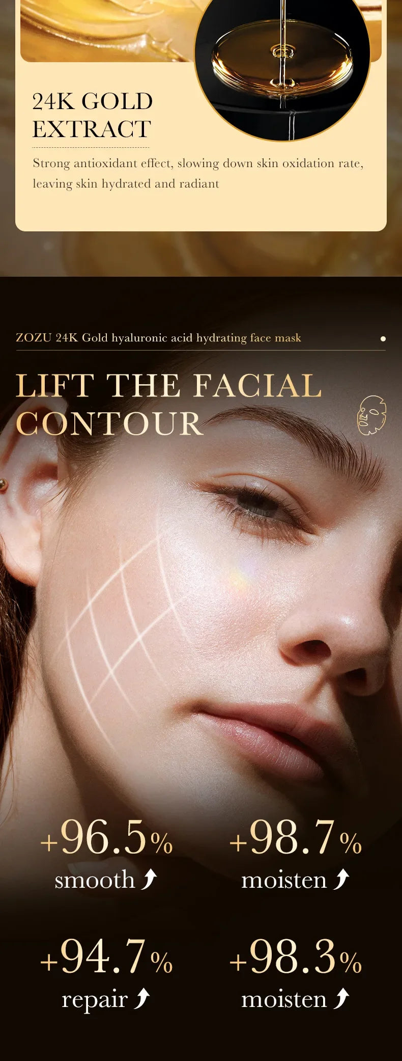 20pcs Gold Hyaluronic Acid Face Mask Facial skincare Anti Wrinkle Moisturizing Anti-Aging Facial Masks Face Skin Care Products