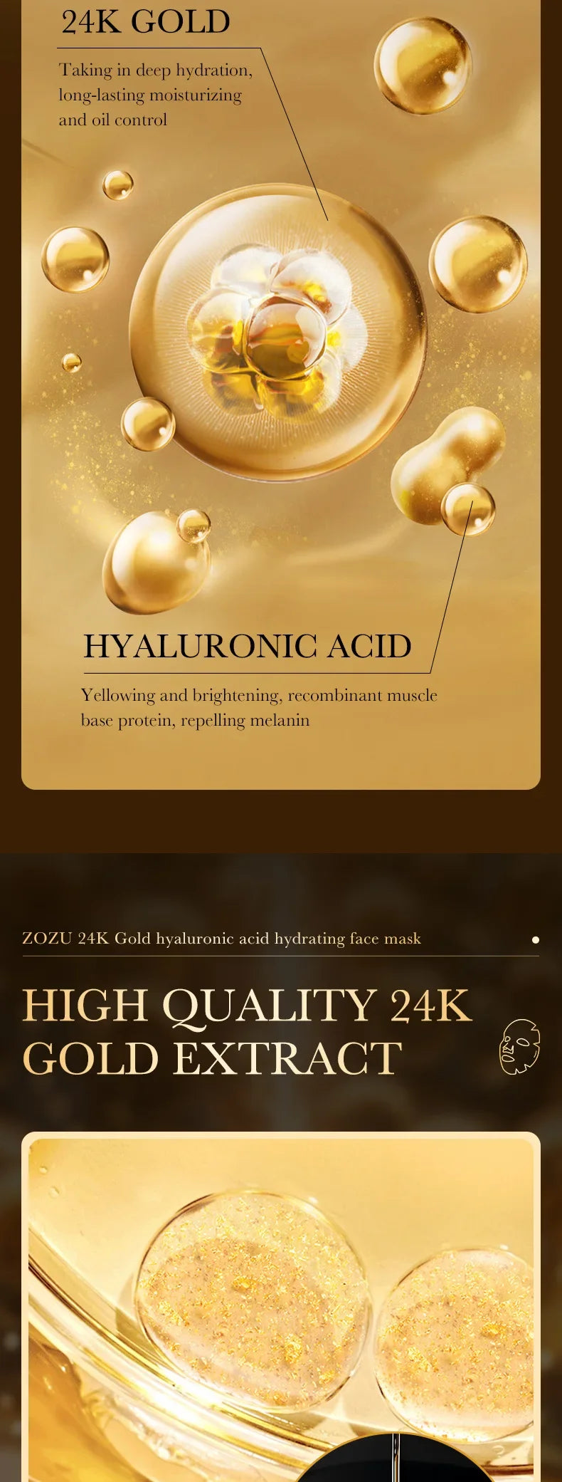 20pcs Gold Hyaluronic Acid Face Mask Facial skincare Anti Wrinkle Moisturizing Anti-Aging Facial Masks Face Skin Care Products