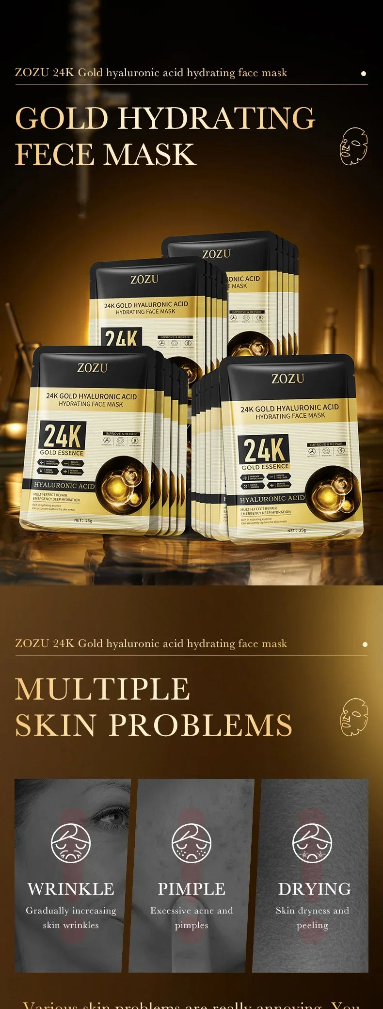 20pcs Gold Hyaluronic Acid Face Mask Facial skincare Anti Wrinkle Moisturizing Anti-Aging Facial Masks Face Skin Care Products