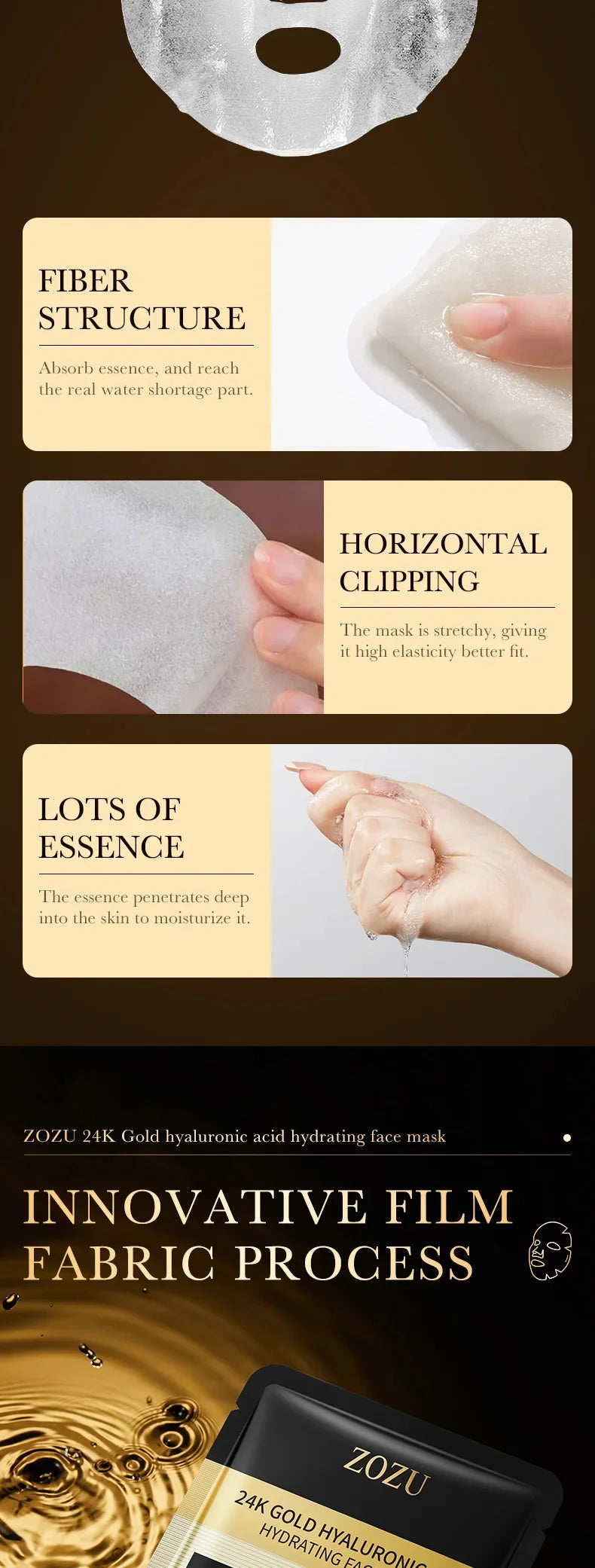 20pcs Gold Hyaluronic Acid Face Mask Facial skincare Anti Wrinkle Moisturizing Anti-Aging Facial Masks Face Skin Care Products