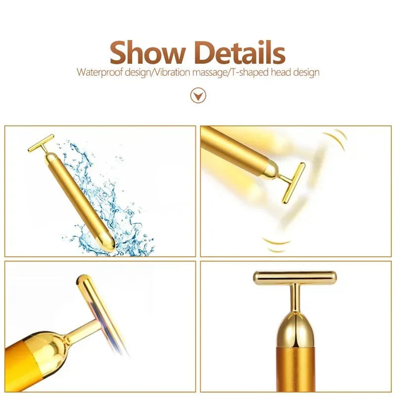 Energy 24K Gold T Beauty Bar Facial Roller Massager T-Shape Energy Beauty Bar Pulse Firming Face Massage Lift Tool